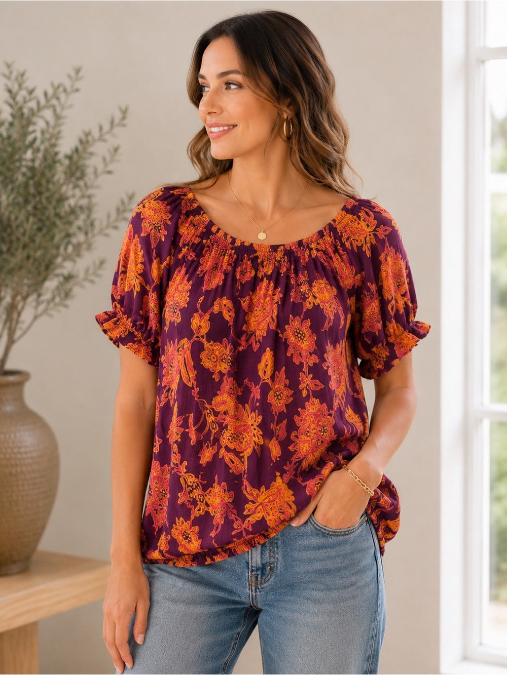 Joe Fresh short sleeve vibrant blouse in maroon orange pink M